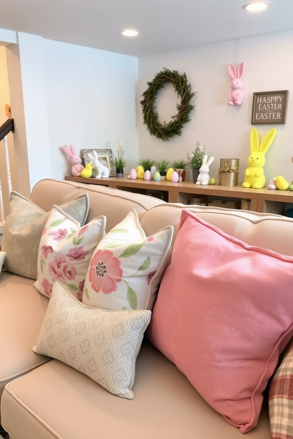 Pastel colored throw pillows are arranged on a plush sofa, adding a soft and inviting touch to the living space. The pillows feature various patterns, including florals and geometric designs, complementing the overall decor. The basement is transformed into a festive area with Easter decorations, including colorful eggs and cheerful bunnies. Subtle lighting enhances the ambiance, creating a warm and welcoming environment for gatherings.