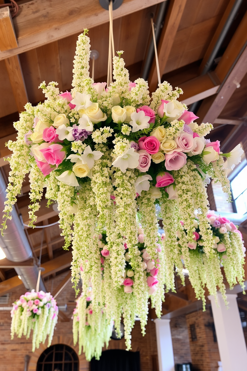 Hanging floral arrangements gracefully descend from the ceiling, creating a vibrant and inviting atmosphere. The soft colors of the flowers complement the rustic charm of the basement, enhancing the overall aesthetic for Easter celebrations.