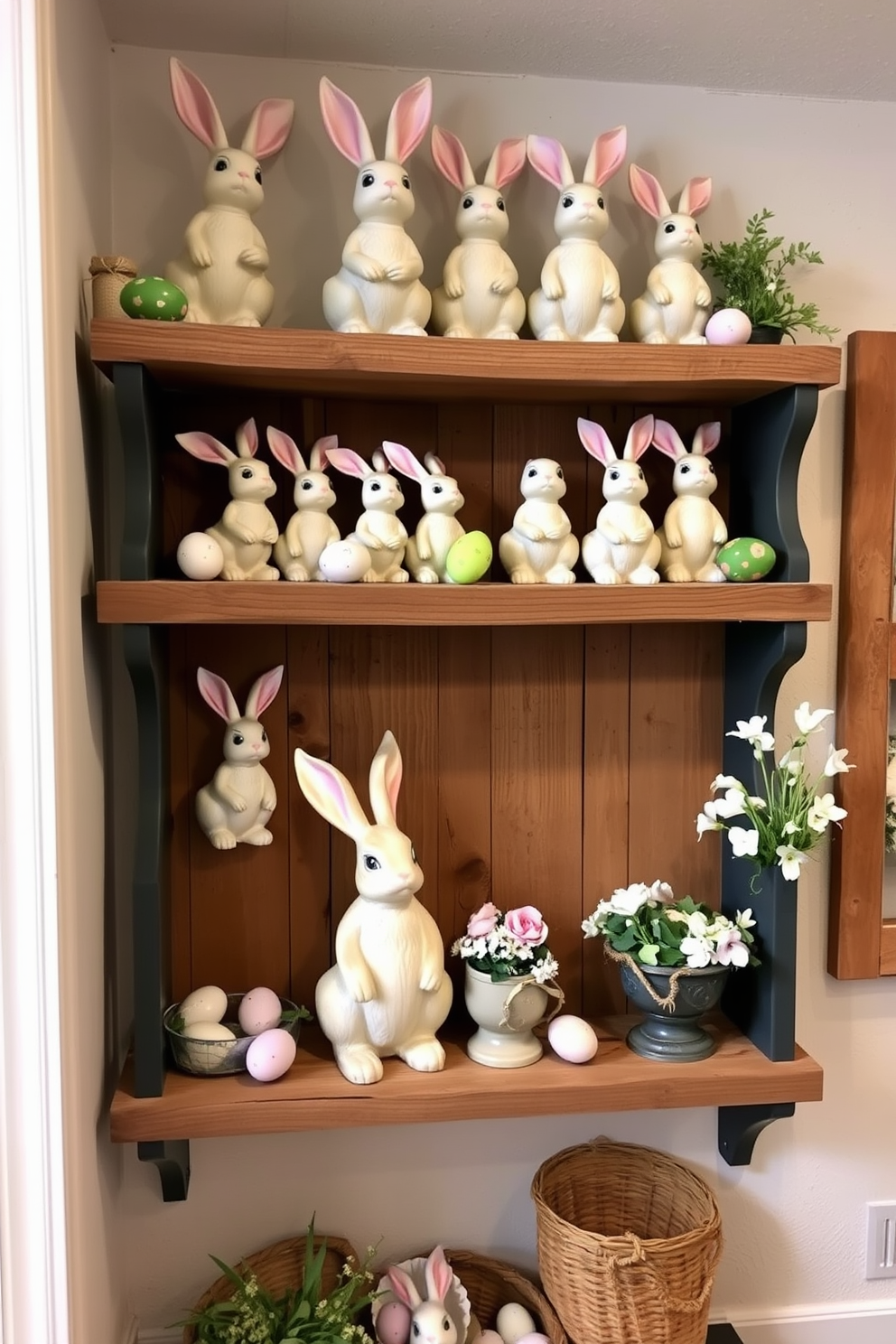 Vintage bunny figurines are artfully arranged on rustic wooden shelves, creating a charming focal point in the basement. The shelves are adorned with pastel-colored eggs and spring flowers, enhancing the festive Easter atmosphere.