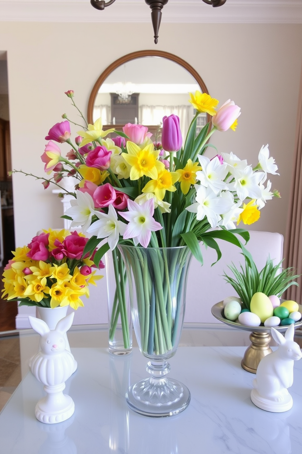 Spring floral arrangements in elegant vases create a vibrant and inviting atmosphere. Brightly colored blooms such as tulips and daffodils are artfully arranged to enhance the cheerful ambiance of the space. For basement Easter decorating ideas, incorporate pastel-colored decorations and whimsical elements. Adorn shelves and tables with themed accents like bunny figurines and colorful eggs to celebrate the holiday spirit.