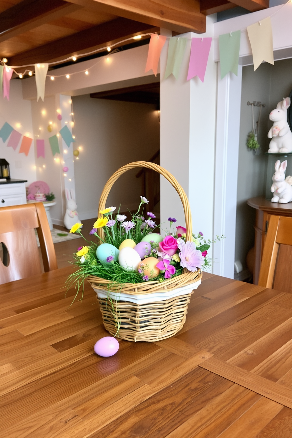 A vibrant Easter basket centerpiece is placed on a rustic wooden dining table. The basket is filled with colorful eggs, fresh flowers, and green grass, creating a festive atmosphere. In the basement, whimsical decorations enhance the Easter theme. Soft pastel banners and string lights adorn the walls, while plush bunnies and decorative eggs are scattered throughout the space.