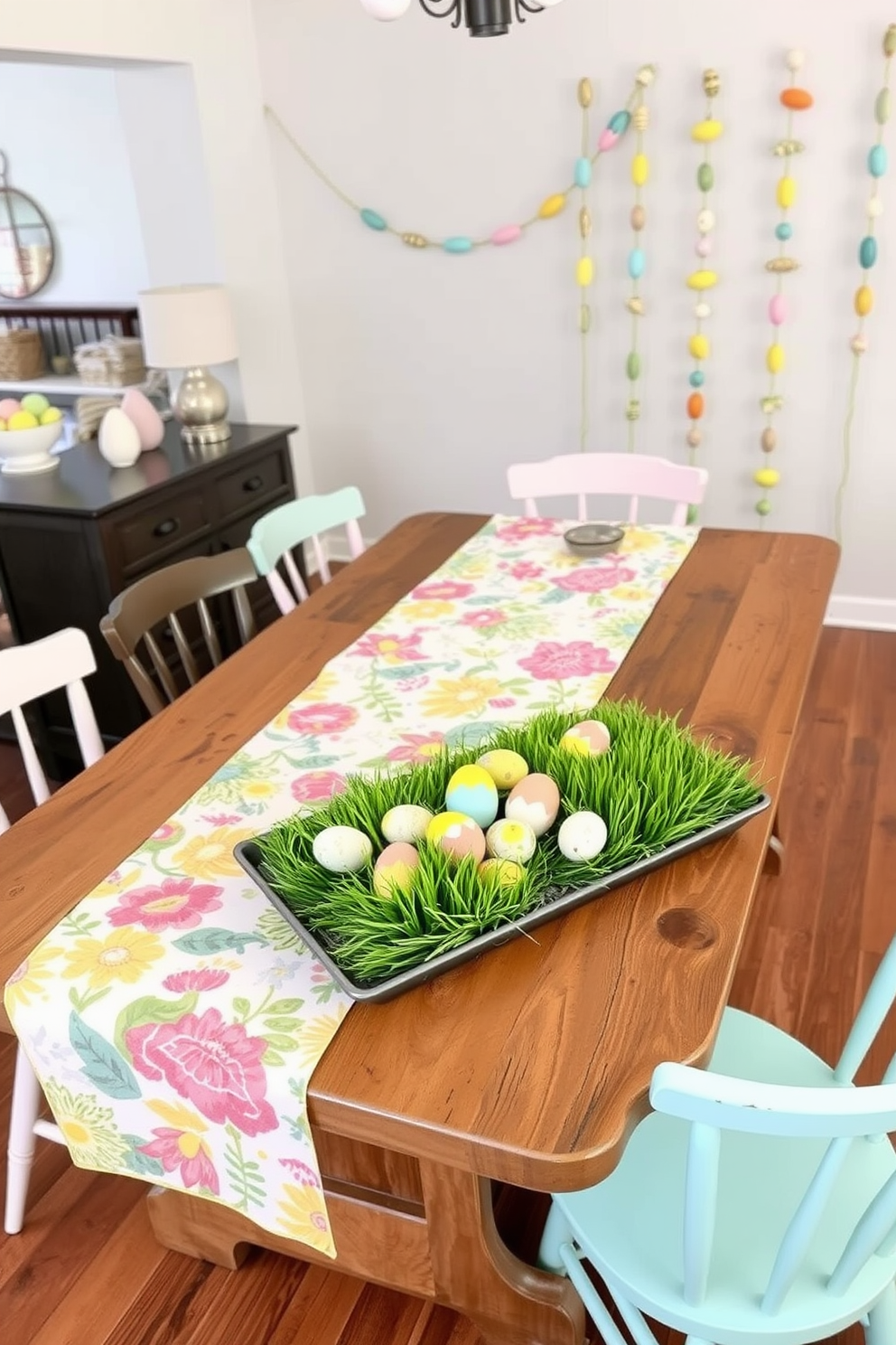 A bright and cheerful table runner stretches across a rustic wooden dining table, adorned with vibrant floral patterns that evoke the spirit of spring. Surrounding the table, mismatched chairs in pastel hues create a playful yet inviting atmosphere, perfect for an Easter gathering. In the basement, whimsical decorations bring the festive theme to life, featuring colorful egg garlands draped along the walls. A charming centerpiece showcases a collection of painted eggs nestled in a bed of green grass, adding a touch of seasonal charm to the space.