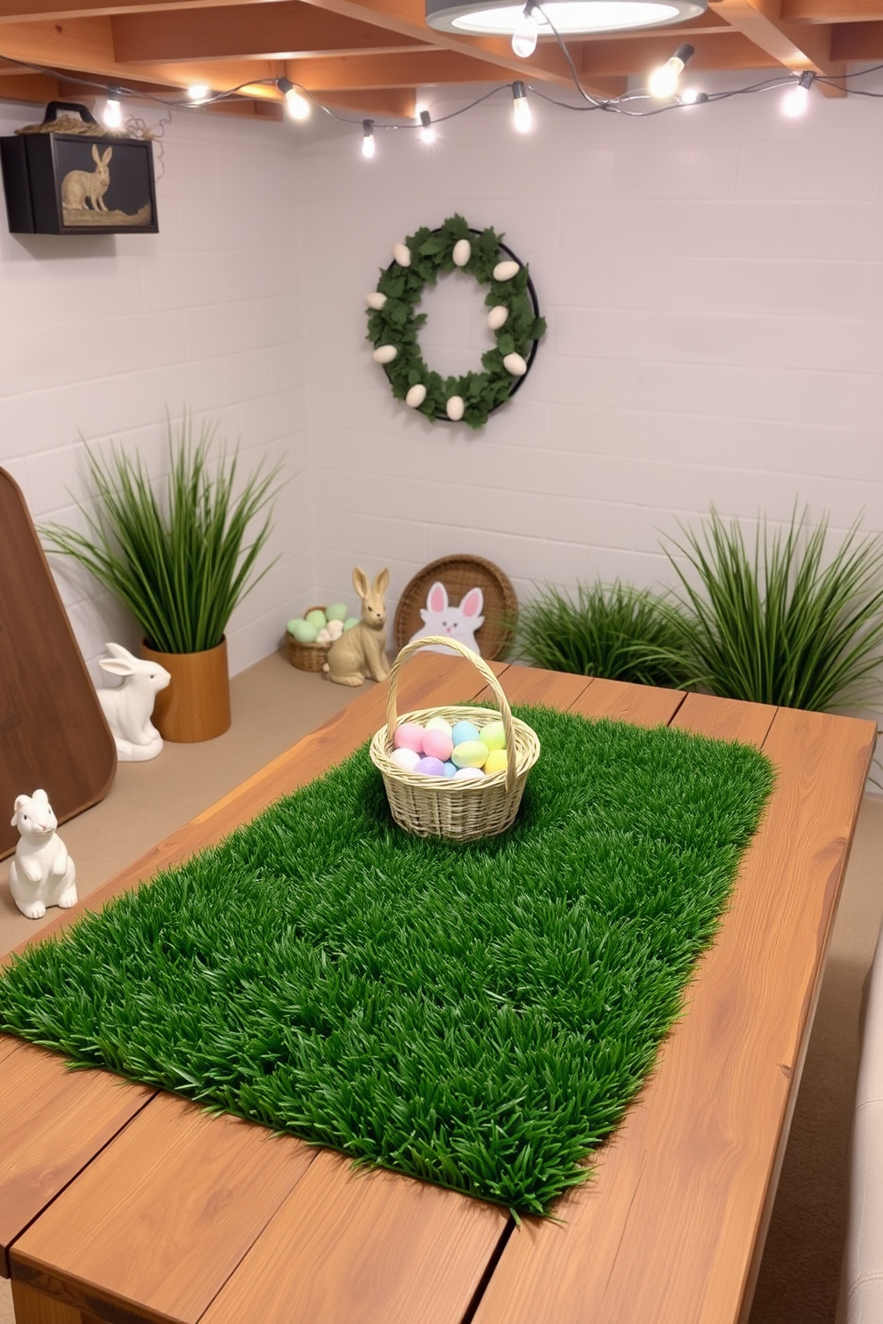 A cozy basement space decorated for Easter features a faux grass table mat laid out on a rustic wooden table. Surrounding the table are pastel-colored decorations, including eggs and bunny figurines, creating a festive atmosphere. Soft lighting from string lights above adds warmth to the room, enhancing the cheerful decor. A small basket filled with colorful eggs sits at the center of the table, inviting guests to join in the celebration.