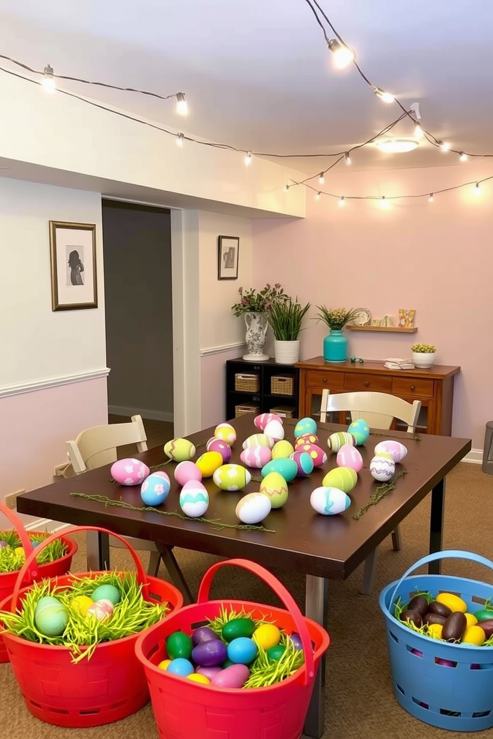 A cozy basement space designed for Easter celebrations. The walls are painted in soft pastel colors, and a large table is set up with various DIY painted Easter egg decorations scattered across it. Brightly colored baskets filled with faux grass and chocolate eggs are placed around the room. String lights hang from the ceiling, creating a warm and inviting atmosphere for family gatherings.