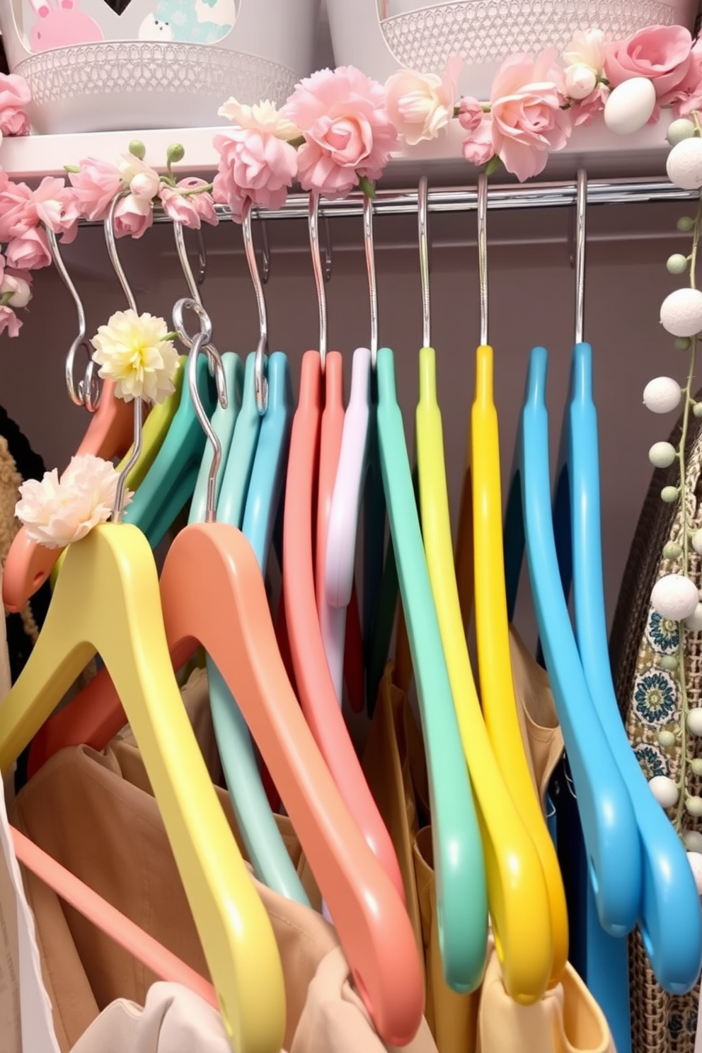 Colorful pastel hangers are neatly arranged in a stylish closet, each one showcasing a different soft hue to evoke a cheerful spring atmosphere. The closet features decorative elements like Easter-themed garlands and floral accents, creating a vibrant and inviting space.