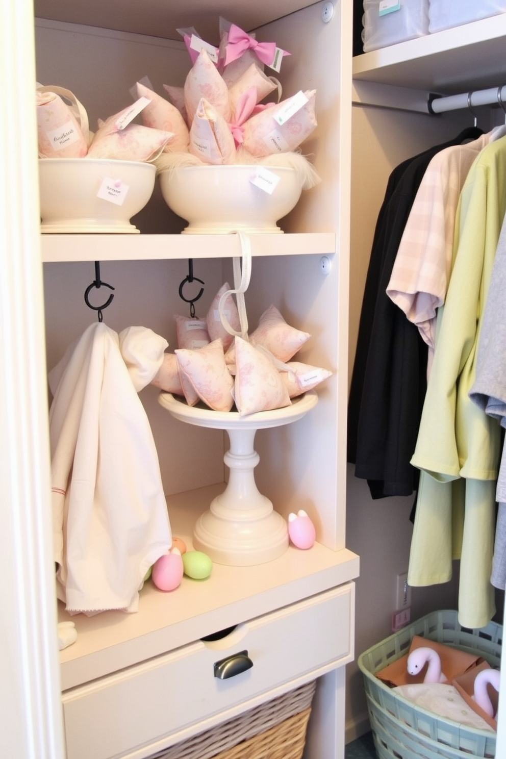 Create a cozy closet space that showcases seasonal scents with beautifully arranged scented sachets. The sachets should be displayed in decorative bowls or hung from hooks to add a fragrant touch to the room. Incorporate Easter decorating ideas by using pastel colors and floral accents throughout the closet. Add themed decorations such as small bunnies or eggs to create a festive and inviting atmosphere.