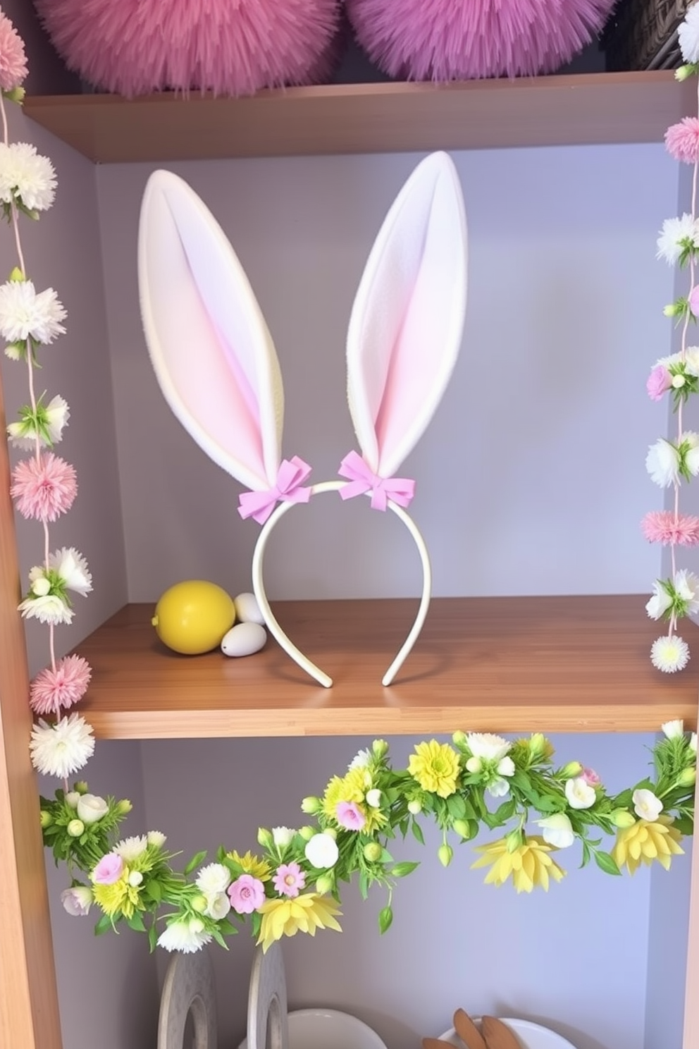 Charming bunny ears headbands are elegantly displayed on a wooden shelf adorned with pastel-colored decorations. The closet features a whimsical arrangement of Easter-themed decor, including floral garlands and colorful eggs, creating a festive atmosphere.