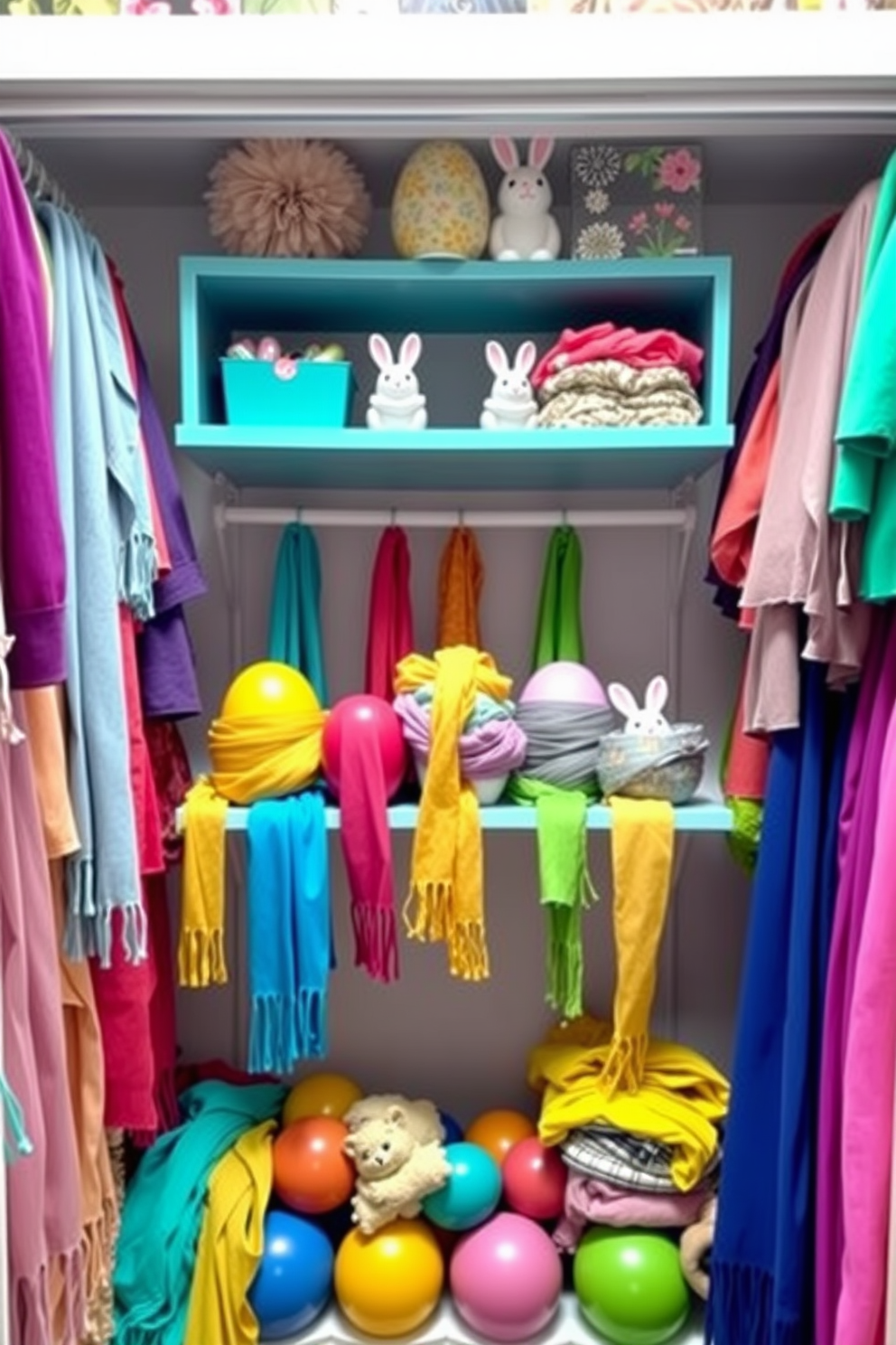 A vibrant closet filled with colorful scarves arranged like Easter eggs. The shelves are adorned with pastel-colored decorations and playful bunny figurines to enhance the festive atmosphere.