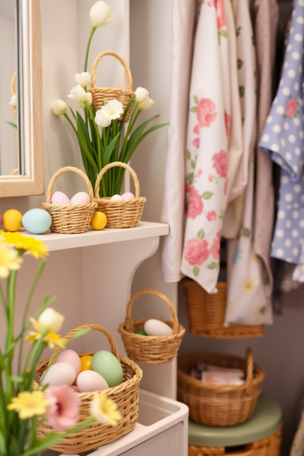 Create a cozy and charming scene featuring miniature Easter baskets as decorative accessories. Arrange the baskets on a stylish shelf alongside pastel-colored eggs and spring flowers to enhance the festive atmosphere. Design a closet space that embodies Easter spirit with vibrant decorations. Incorporate floral patterns and soft pastel hues in the closet organization, showcasing the Easter baskets as delightful accents.