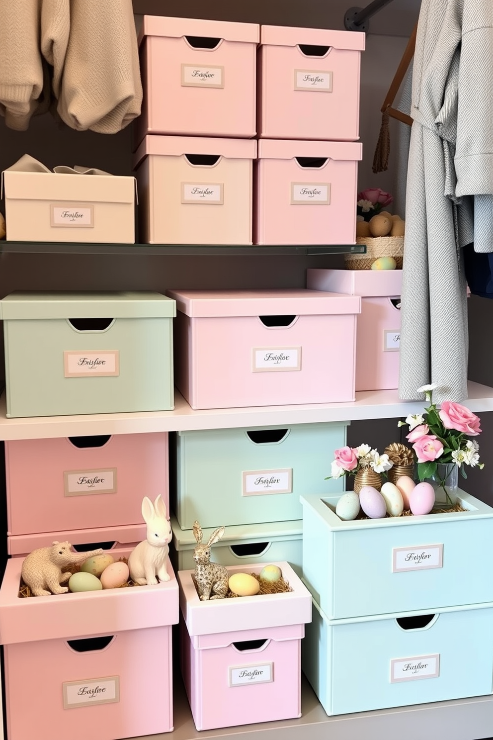 A collection of pastel-colored shoe boxes neatly arranged for stylish storage in a modern closet. The boxes are labeled with elegant tags and complemented by soft lighting that highlights their colors. Creative Easter decorating ideas adorn the closet space, featuring pastel-themed decorations and floral accents. Decorative elements include bunny figurines and colorful eggs nestled among the shoe boxes, adding a festive touch.