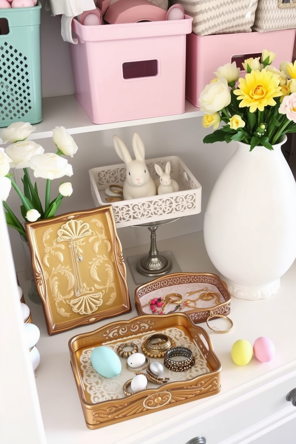 A collection of decorative trays elegantly arranged on a dresser. Each tray showcases a unique design, featuring intricate patterns and soft colors to complement the jewelry displayed. Creative ideas for closet Easter decorating include pastel-colored storage bins and floral accents. Incorporate seasonal elements like bunny figurines and colorful eggs to bring a festive touch to the space.