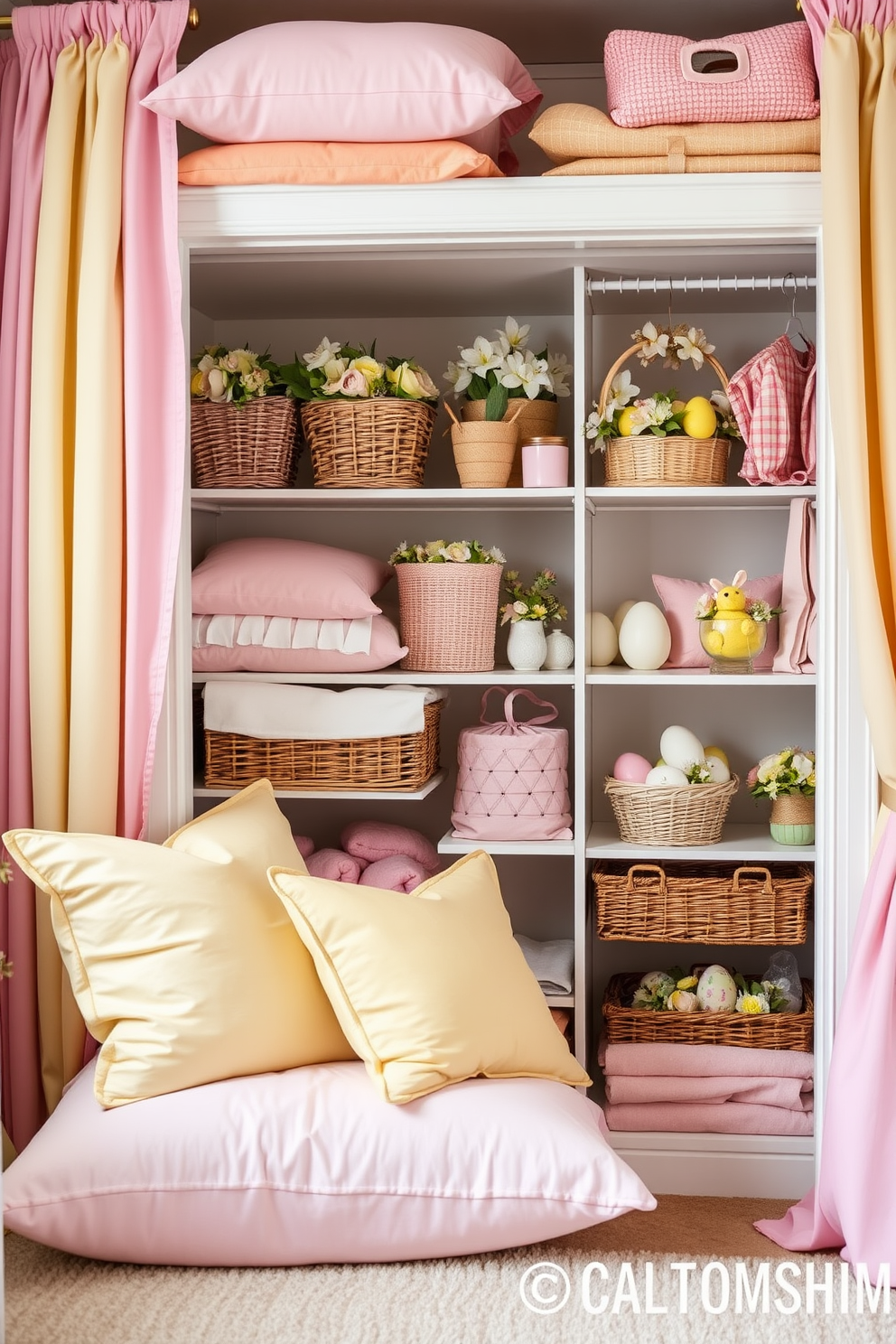 Layered fabrics in pastel Easter colors create a cheerful and inviting atmosphere. Soft pinks, yellows, and greens blend harmoniously in cushions, throws, and curtains throughout the space. The closet features beautifully arranged Easter-themed decorations, including colorful baskets and floral accents. Each shelf is adorned with decorative eggs and spring-inspired motifs, adding a festive touch to the organization.