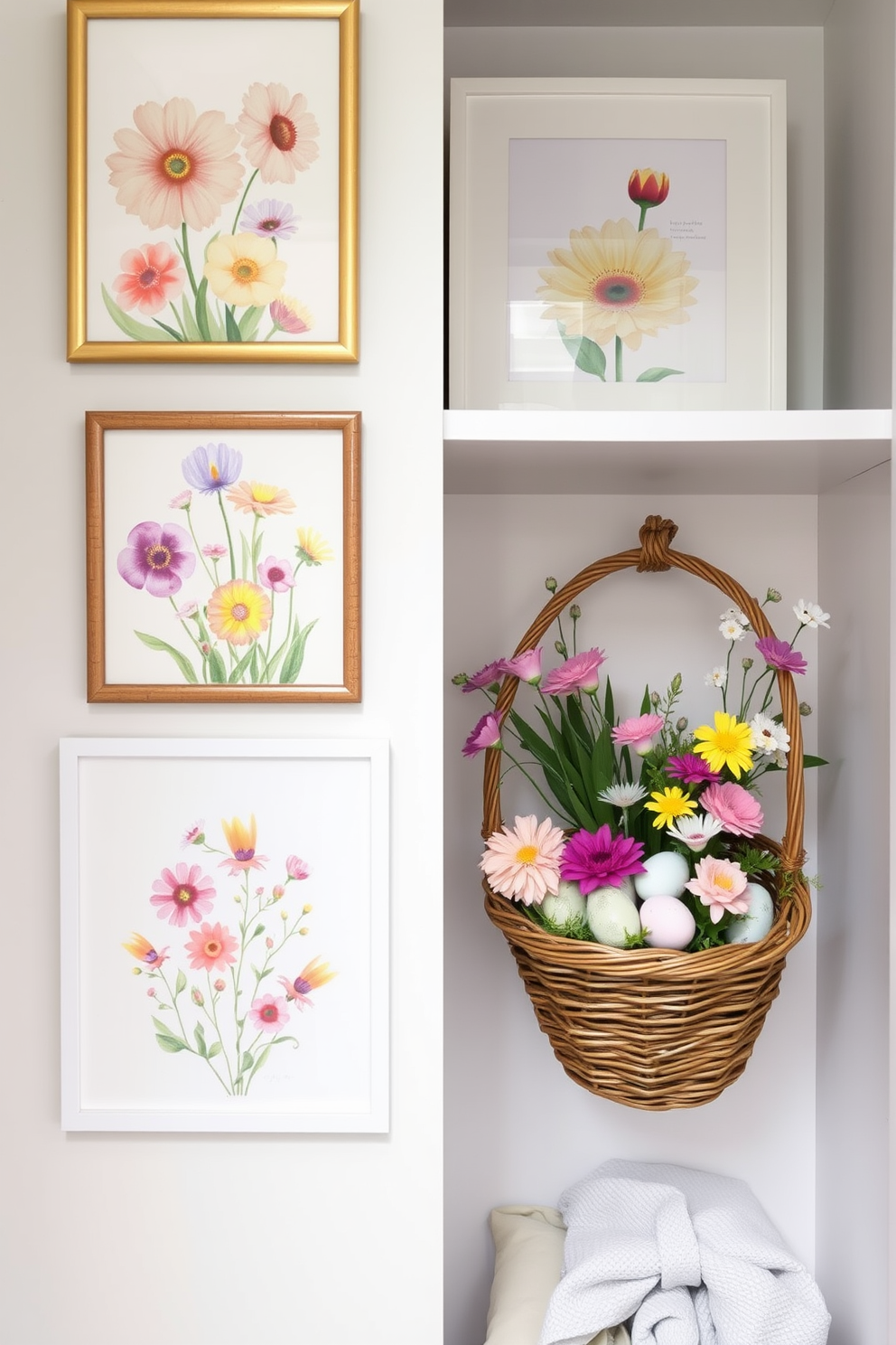 Spring-themed wall art featuring vibrant flowers and pastel colors. The artwork includes a mix of watercolor paintings and framed botanical prints that evoke a sense of renewal and joy. Closet Easter decorating ideas that incorporate soft hues and playful accents. Use decorative baskets filled with faux eggs and spring flowers to create a festive and inviting atmosphere.