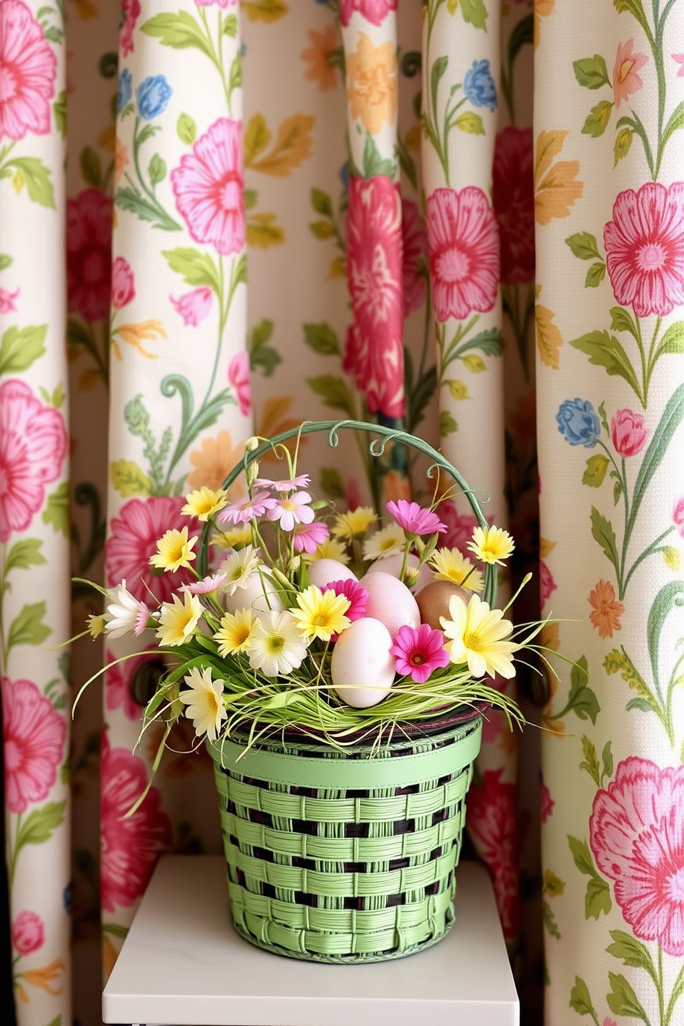 Chic floral print fabric for curtains. The fabric features vibrant colors and intricate patterns that bring a fresh and lively atmosphere to the room. Closet Easter Decorating Ideas. Incorporate pastel-colored baskets filled with decorative eggs and spring flowers to create a festive and inviting space.