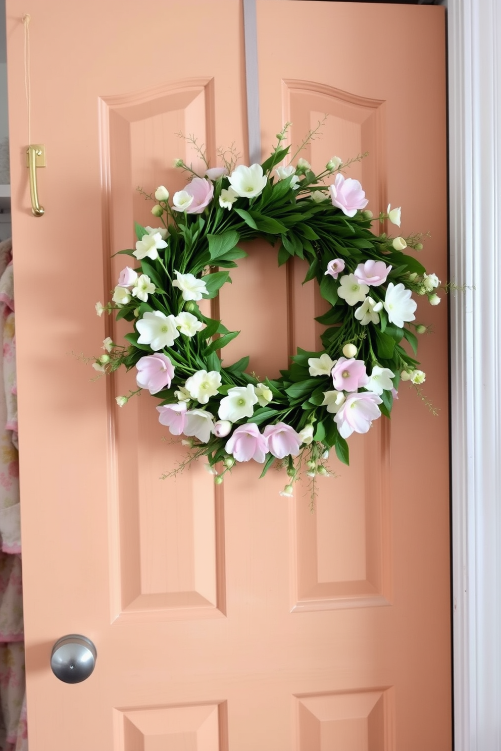 A beautiful floral wreath adorns the closet door, featuring a mix of pastel-colored flowers and lush green foliage. The wreath adds a cheerful and festive touch to the room, perfect for Easter celebrations. For Easter decorating ideas, consider incorporating soft pastel colors throughout the space, using decorative eggs and bunny figurines to enhance the seasonal theme. Layering textures with soft fabrics and natural elements creates a warm and inviting atmosphere for family gatherings.