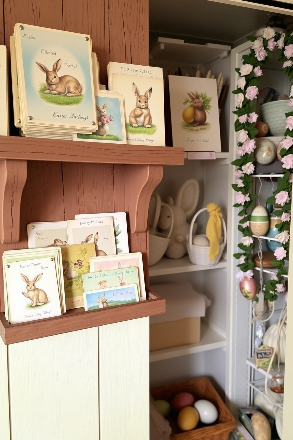 A collection of vintage Easter postcards is artfully arranged on a rustic wooden shelf. The postcards feature pastel colors and charming illustrations, creating a nostalgic atmosphere. In the closet, Easter decorations are tastefully organized, including decorative eggs and spring-themed garlands. Soft lighting enhances the cheerful ambiance, making it a perfect seasonal display.