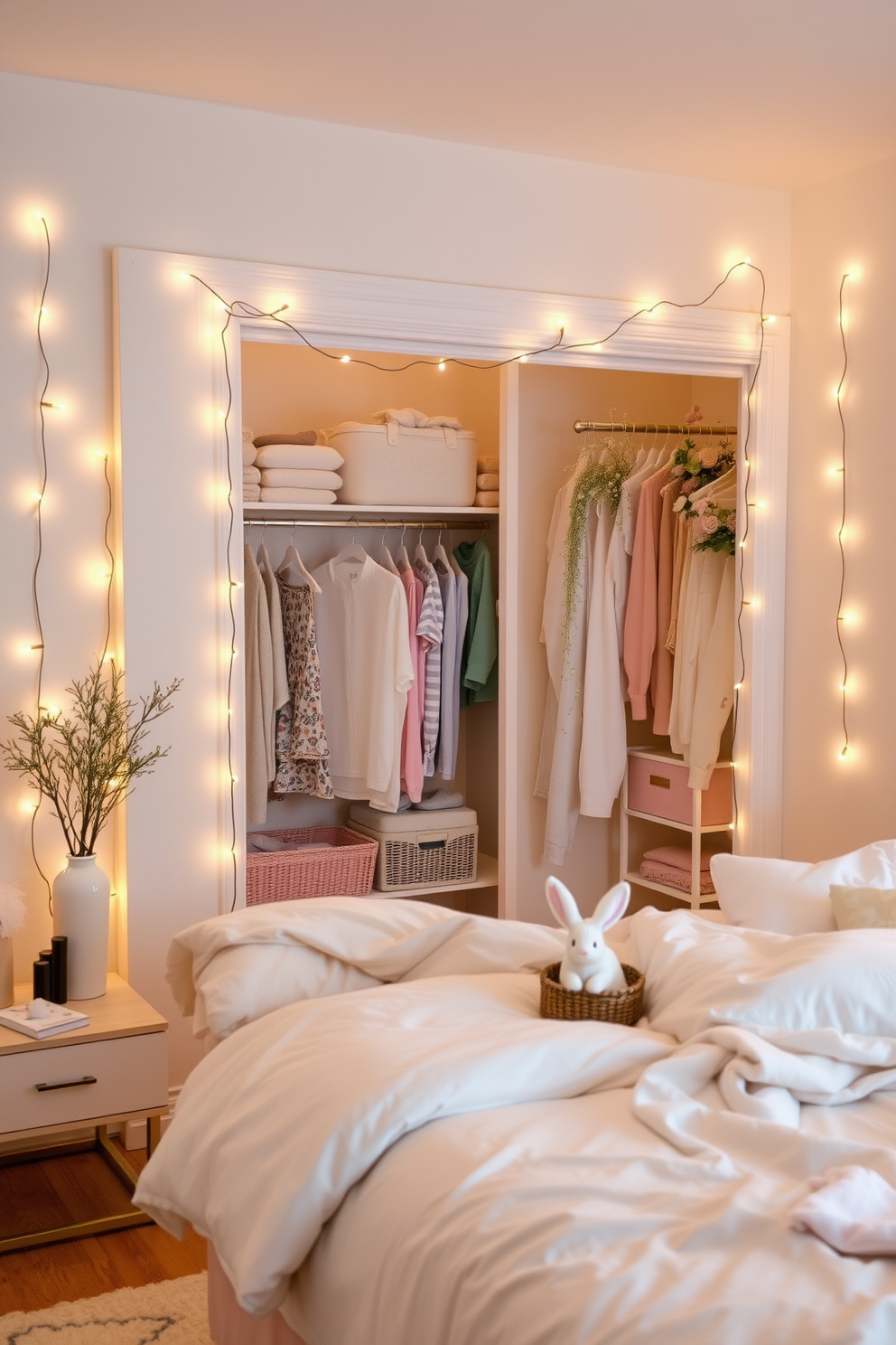 A cozy bedroom with soft lighting created by warm string lights draped along the walls. The gentle glow enhances the serene atmosphere, making it perfect for relaxation and comfort. A beautifully organized closet adorned with pastel colors and Easter-themed decorations. Delicate floral arrangements and playful bunnies add a festive touch to the space, creating a cheerful vibe.