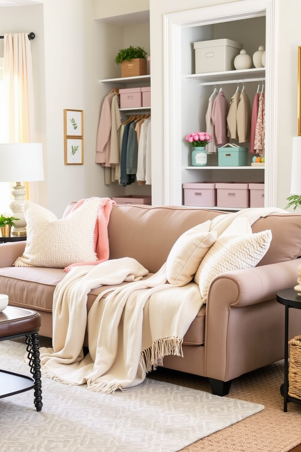 A cozy living room adorned with seasonal throw blankets in soft pastel hues draped elegantly over a plush sofa. The atmosphere is inviting, with a light and airy feel that complements the spring decor. A beautifully organized closet featuring Easter decorating ideas, with pastel-colored storage bins and decorative accents. The space is designed for functionality while showcasing charming seasonal touches like floral arrangements and themed accessories.