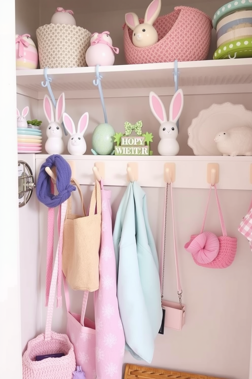 A charming closet adorned with bunny-shaped hooks for hanging accessories. The hooks are painted in pastel colors, adding a playful touch to the space. Easter decorations are creatively arranged throughout the closet. Soft pastel hues and whimsical elements create a festive and inviting atmosphere.