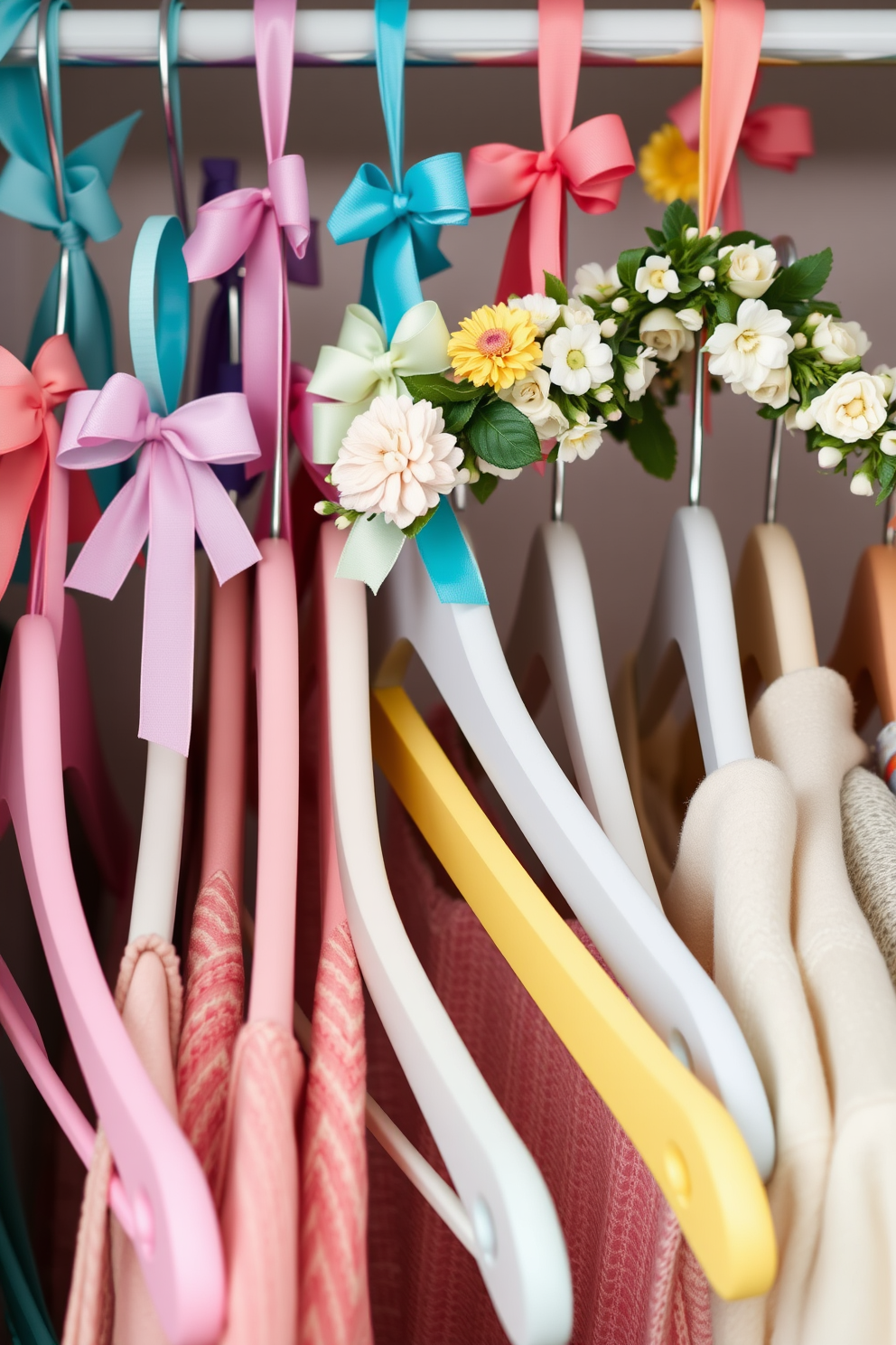 A vibrant closet filled with pastel hangers adorned with colorful ribbons. Easter decorations such as floral garlands and painted eggs are elegantly displayed among the clothes.