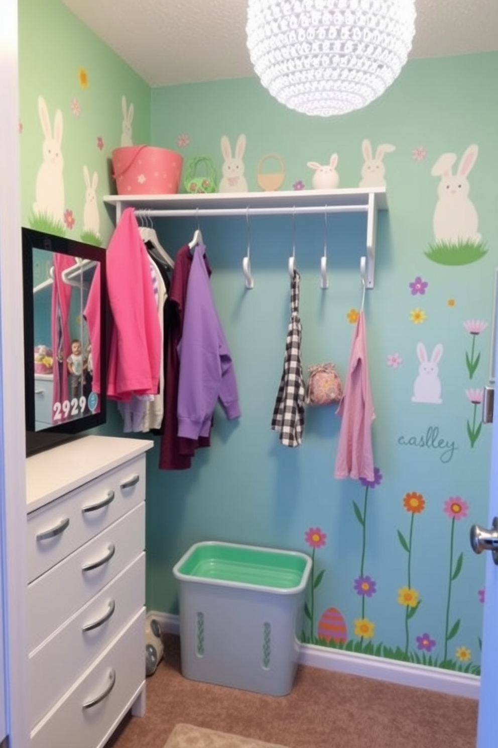 Create a playful and vibrant Easter-themed closet space. The walls are adorned with colorful wall decals featuring bunnies, eggs, and spring flowers, bringing a festive atmosphere to the room.