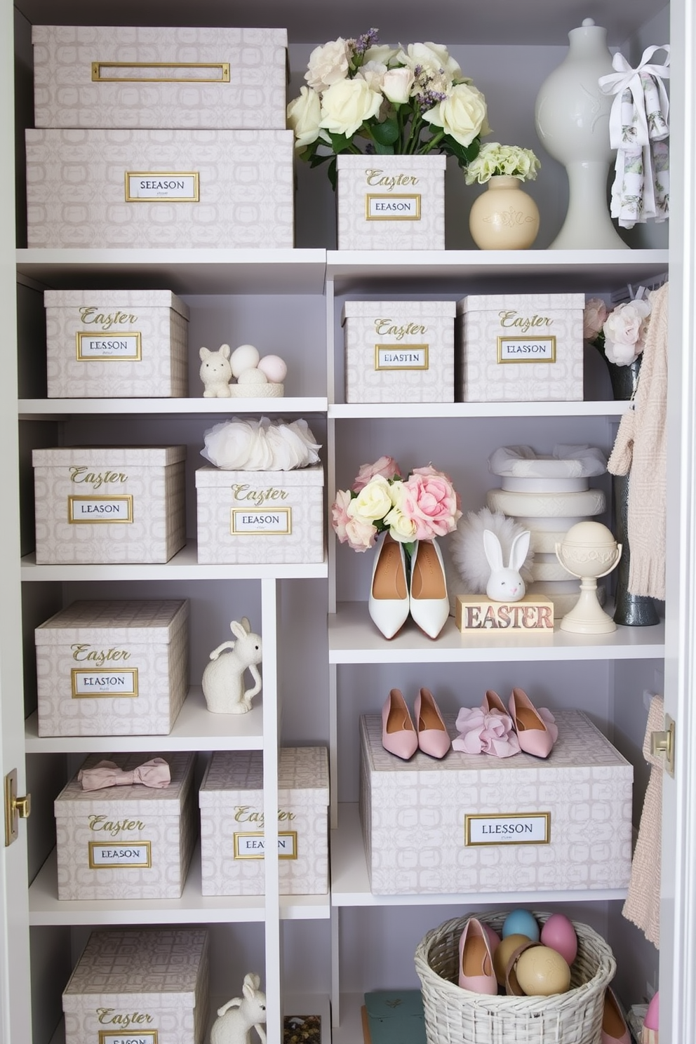 A stylish closet filled with decorative boxes for seasonal shoes. The boxes are arranged neatly on shelves, each labeled with a different season and adorned with elegant patterns. Soft pastel colors dominate the Easter decorating theme, creating a cheerful atmosphere. Delicate floral arrangements and themed decor items are artfully placed throughout the closet space.