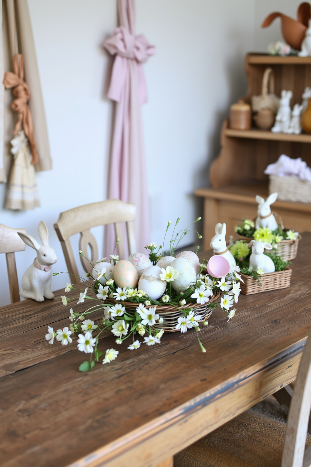 Charming vintage Easter decorations fill the room with a festive spirit. Delicate pastel colors adorn hand-painted eggs nestled among fresh spring flowers on a rustic wooden table. A collection of antique bunnies and decorative baskets create a whimsical atmosphere. Soft, muted fabrics drape elegantly around the space, enhancing the cozy, nostalgic feel of the Easter celebration.