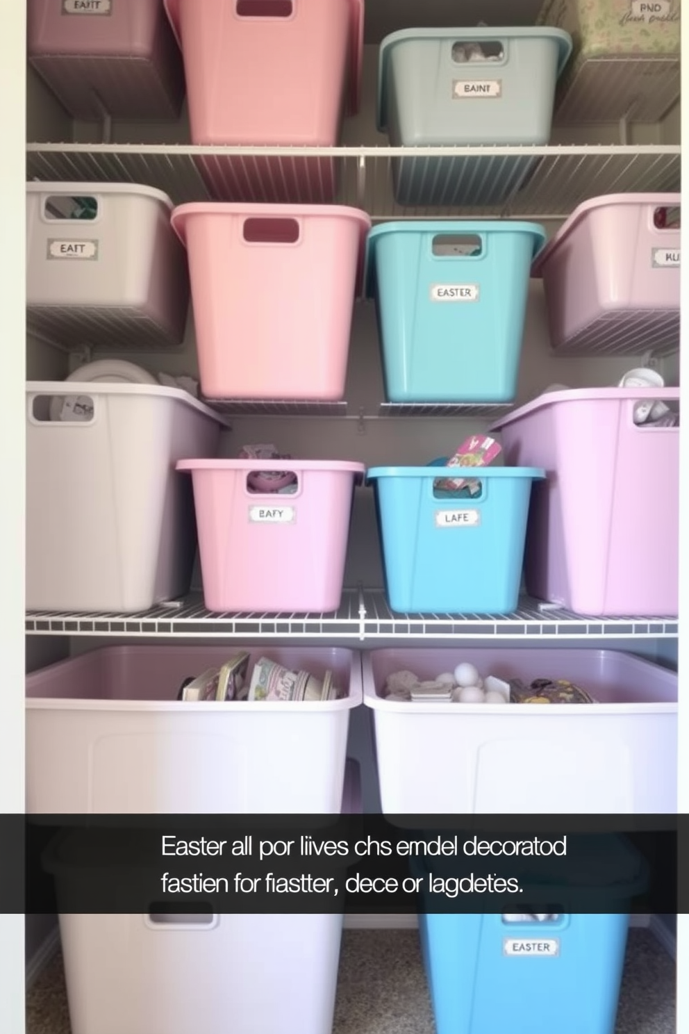 A collection of pastel colored bins is neatly arranged in a spacious closet, each labeled for easy access to seasonal decor. Soft hues of pink, blue, and lavender create a cheerful and organized atmosphere, perfect for storing Easter decorations.