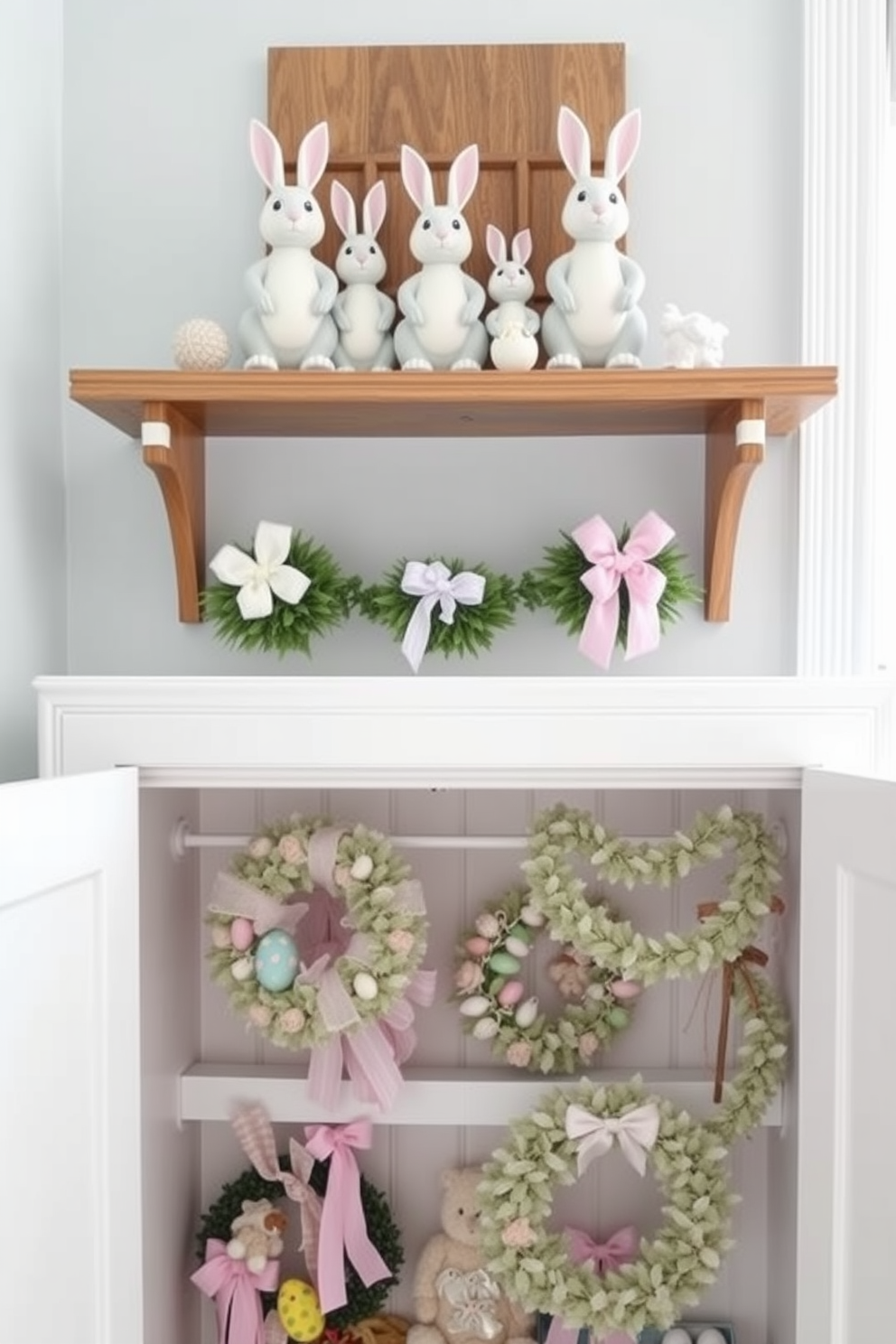 A charming display of bunny figurines sits atop a wooden shelf, bringing a playful touch to the room. Below, a neatly organized closet showcases pastel-colored Easter decorations, including wreaths and garlands.