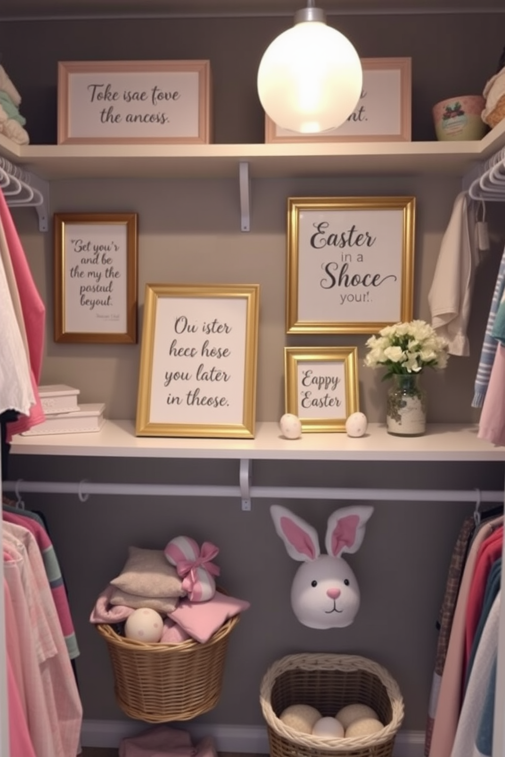 A stylish closet space adorned with seasonal quotes elegantly framed and displayed on the walls. The decor features pastel colors and Easter-themed accents, creating a cheerful and inviting atmosphere.