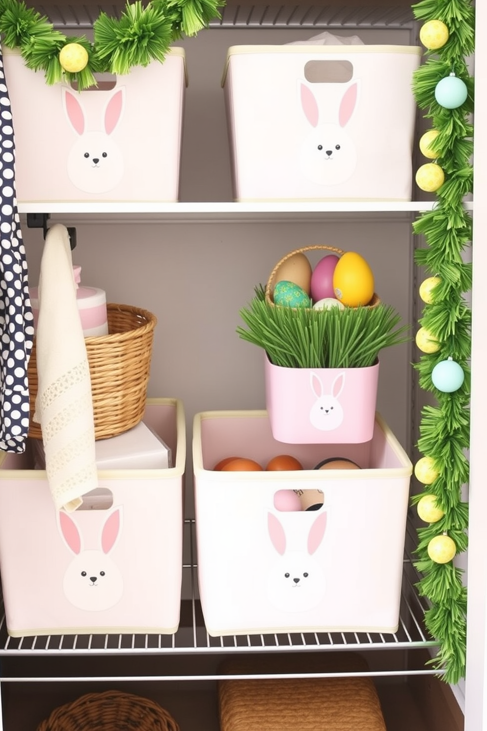 Easter-themed storage bins designed for organization. These bins feature pastel colors and playful bunny motifs, perfect for adding a festive touch to any closet space. Utilize decorative baskets to store seasonal items while keeping the closet tidy. Incorporate vibrant Easter decorations such as garlands and egg-shaped ornaments to enhance the festive atmosphere.