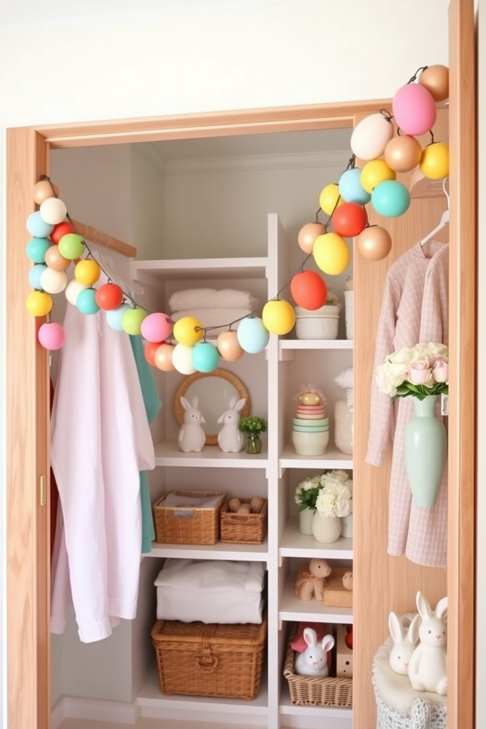 A decorative garland of colorful eggs is draped elegantly across wooden rods, adding a festive touch to the space. The vibrant colors of the eggs contrast beautifully with the natural wood, creating a cheerful and inviting atmosphere. In the closet, soft pastel hues are incorporated through decorative elements and storage solutions. Easter-themed accents, such as bunny figurines and floral arrangements, enhance the seasonal decor while maintaining a cohesive look.