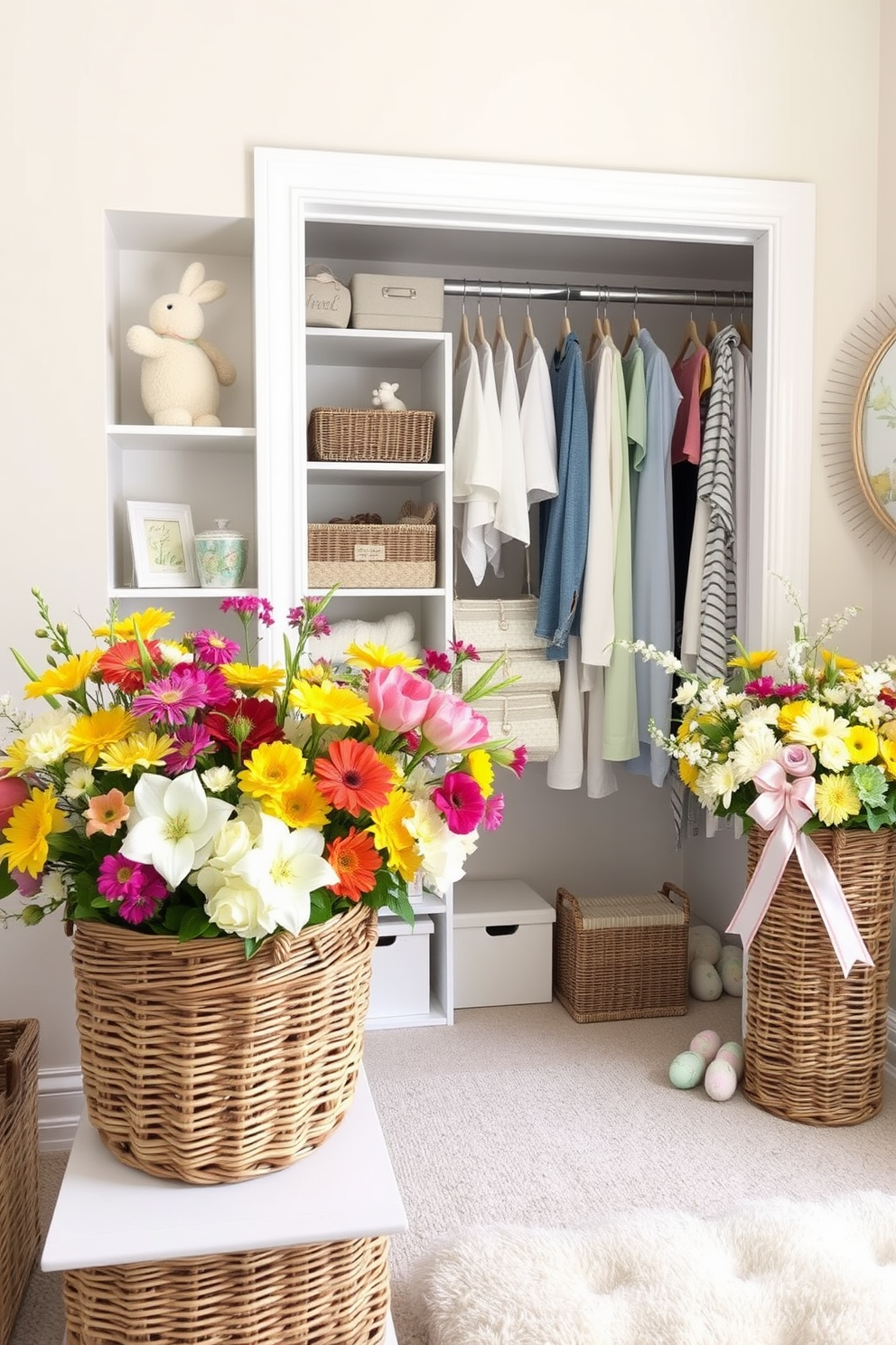 Spring floral arrangements in woven baskets filled with vibrant blooms create a cheerful atmosphere. The baskets are placed strategically around the room to enhance the seasonal decor. A beautifully organized closet is adorned with pastel-colored Easter decorations. Delicate ornaments and themed accessories are neatly arranged to celebrate the holiday spirit.