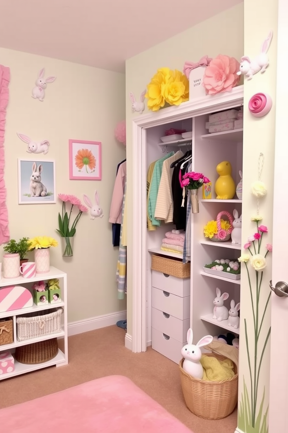 A playful and colorful room featuring whimsical bunny art adorning the walls. The decor includes soft pastel colors with accents of spring-themed decorations, creating a cheerful atmosphere for Easter celebrations. A spacious closet decorated with Easter-themed elements, showcasing decorative bunnies and vibrant floral arrangements. The organization reflects a festive spirit, combining functionality with delightful seasonal touches.