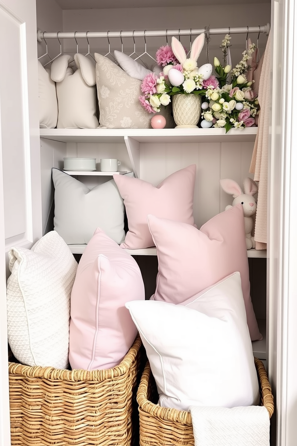 Soft pastel throw pillows are neatly arranged in woven baskets, adding a touch of color and comfort to the space. The pillows feature delicate patterns and textures, enhancing the cozy atmosphere of the room. The closet is beautifully decorated for Easter, showcasing pastel-colored decorations and themed accents. Bunnies, eggs, and floral arrangements are thoughtfully placed to create a festive and inviting look.