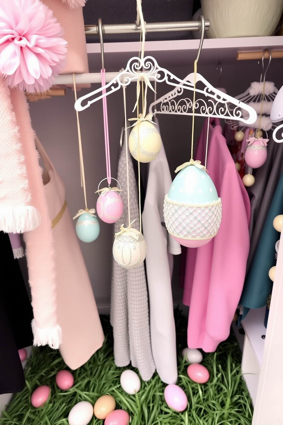 Create a whimsical Easter-themed closet display featuring hanging egg ornaments suspended from elegant hangers. The closet is adorned with pastel-colored decorations, and the floor is scattered with faux grass to evoke a festive atmosphere.