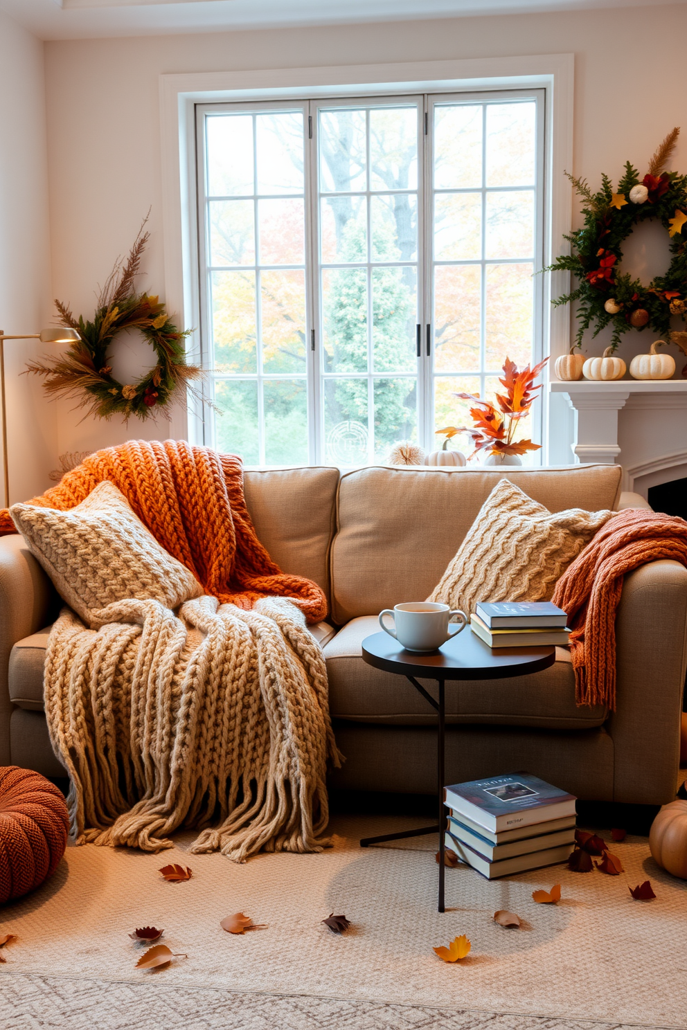 A cozy living room setting featuring a plush sofa adorned with soft knit blankets in warm earth tones. The space is illuminated by soft ambient lighting, with a small side table holding a steaming mug of tea and a stack of books. Autumn-inspired decorations are scattered throughout the room, including small pumpkins and dried leaves arranged on the mantel. A large window allows natural light to filter in, showcasing the vibrant fall foliage outside.