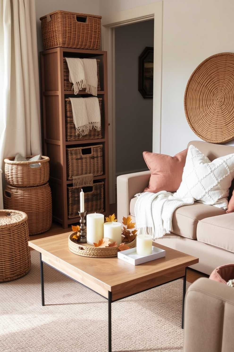 A cozy fall apartment setting featuring woven baskets used for both storage and decorative purposes. The baskets are placed strategically around the room, adding texture and warmth to the overall design. Soft, earthy tones dominate the color palette, complemented by cozy throw blankets and seasonal decor. A small coffee table adorned with candles and autumn leaves enhances the inviting atmosphere of the space.