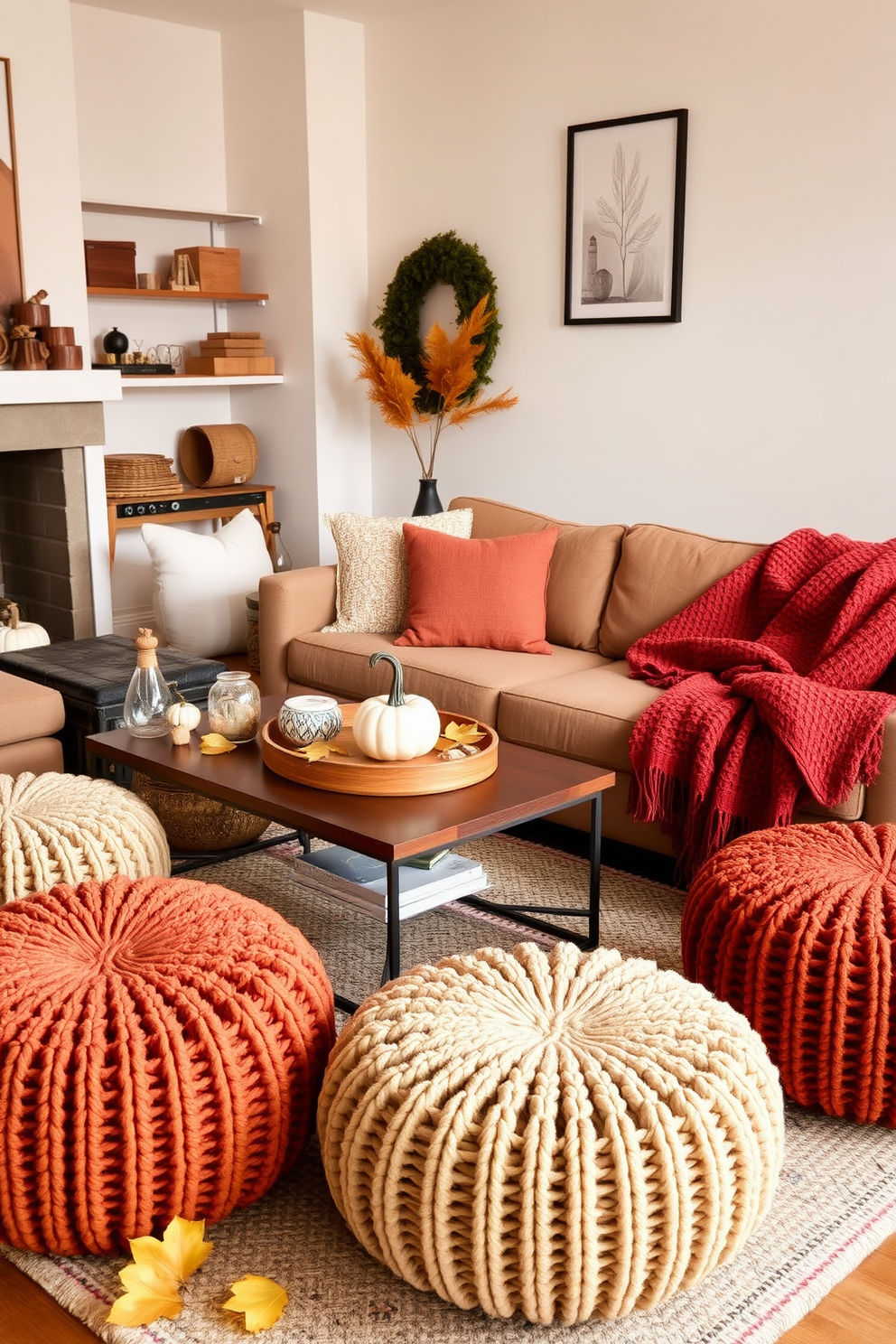 Chunky knit poufs are scattered throughout the living room, providing cozy extra seating options. The warm, earthy tones of the poufs complement the autumn-inspired decor, creating a welcoming atmosphere. Richly colored throw blankets are draped over the poufs, inviting relaxation and comfort. Seasonal accents like pumpkins and golden leaves adorn the coffee table, enhancing the fall apartment aesthetic.