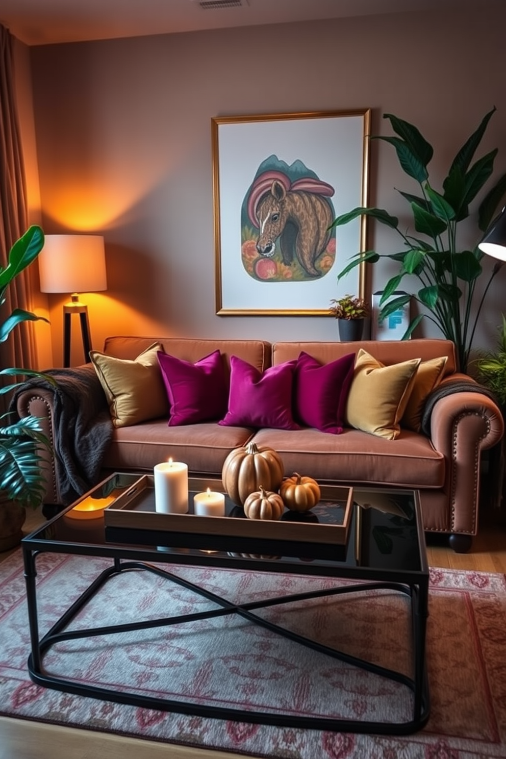 A cozy fall apartment setting featuring a plush velvet sofa adorned with an array of colorful cushions in rich jewel tones. The space is accented with warm lighting and seasonal decor, creating an inviting atmosphere perfect for relaxation. A stylish coffee table sits in front of the sofa, topped with a decorative tray holding candles and a small pumpkin centerpiece. Lush houseplants are strategically placed around the room, adding a touch of nature to the elegant design.