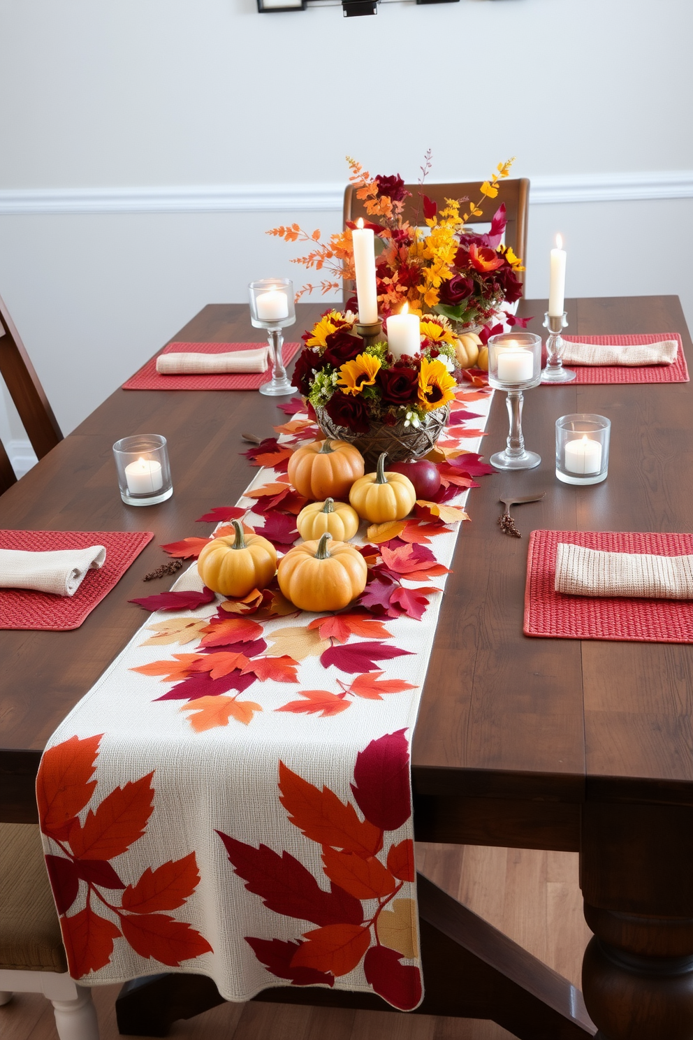 A fall themed table runner drapes elegantly across a rustic wooden dining table adorned with small pumpkins and vibrant autumn leaves. The warm hues of orange, red, and gold create a cozy atmosphere, complemented by flickering candlelight in glass holders. Incorporate seasonal decor elements such as a woven basket filled with gourds and a centerpiece of fresh flowers in shades of burgundy and yellow. Soft, textured placemats in earth tones enhance the inviting feel of the space, making it perfect for gatherings.