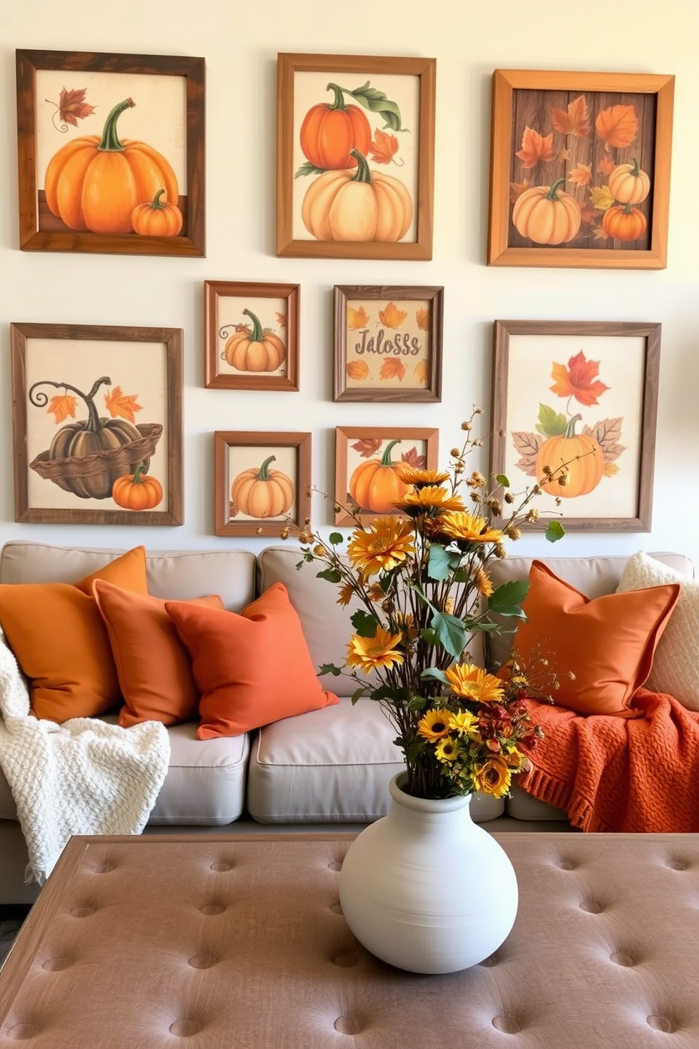 A collection of vibrant harvest-themed wall art adorns the walls, featuring pumpkins, gourds, and autumn leaves in warm hues. Each piece is framed in rustic wood, creating a cozy and inviting atmosphere perfect for the fall season. The apartment is decorated with soft textiles in shades of orange and brown, including throw pillows and blankets on a plush sofa. A centerpiece of seasonal flowers in a ceramic vase sits on the coffee table, enhancing the autumnal vibe throughout the space.