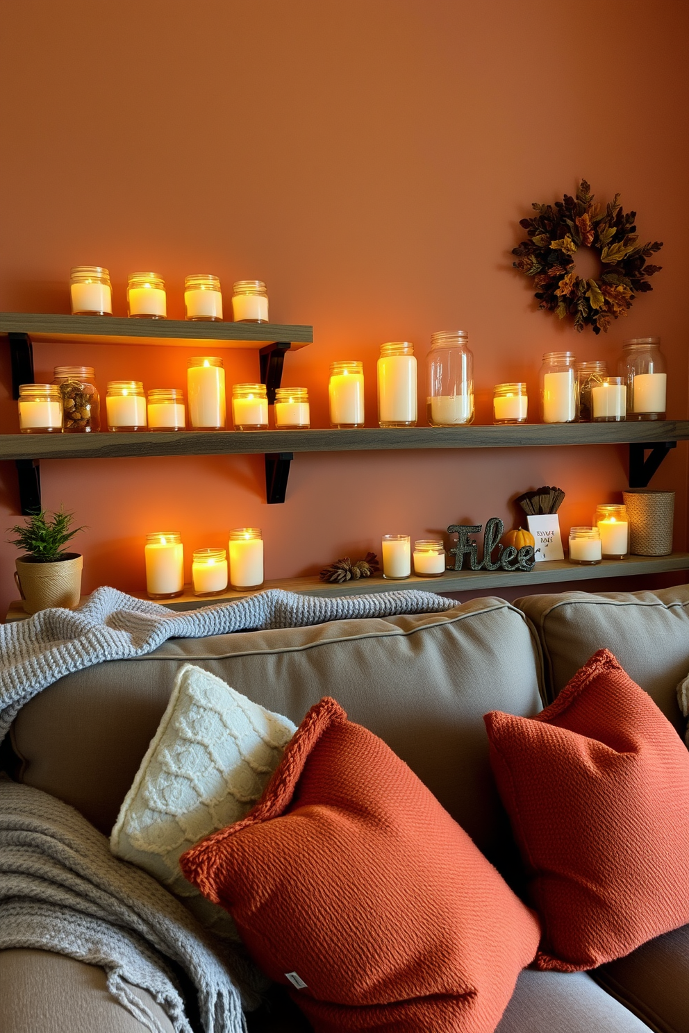 A cozy living room adorned with candles in mason jars scattered across wooden shelves. The warm glow from the flickering flames creates an inviting atmosphere, complemented by soft throw blankets and autumn-themed decor. The walls are decorated with rich, earthy tones, enhancing the rustic charm of the space. Plush cushions in warm hues are arranged on a comfortable sofa, inviting relaxation and comfort during the fall season.