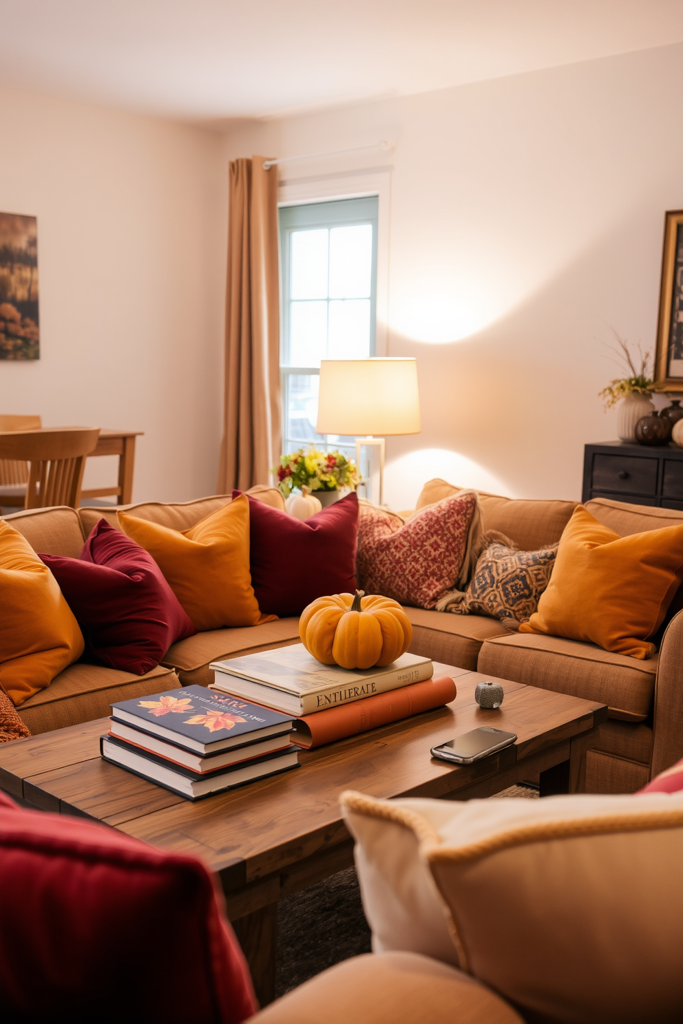 Warm colored throw pillows are scattered across a cozy sofa, creating an inviting atmosphere in the living room. The rich hues of orange, burgundy, and mustard yellow complement the autumn-inspired decor throughout the space. A rustic wooden coffee table sits in the center, adorned with a stack of seasonal books and a small pumpkin centerpiece. Soft lighting from a nearby lamp casts a warm glow, enhancing the inviting ambiance of the fall-themed apartment.