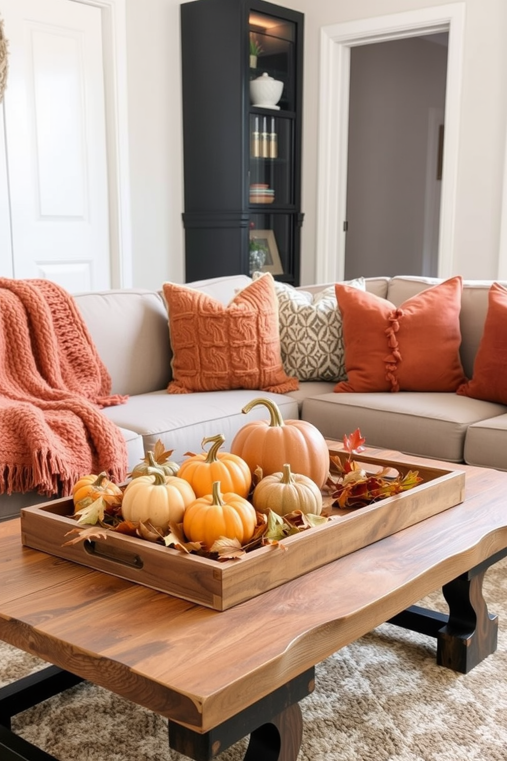 A cozy apartment living room featuring decorative trays adorned with seasonal items such as small pumpkins and autumn leaves. The trays are placed on a rustic wooden coffee table, complemented by warm-toned throw blankets and plush cushions in rich earth tones.