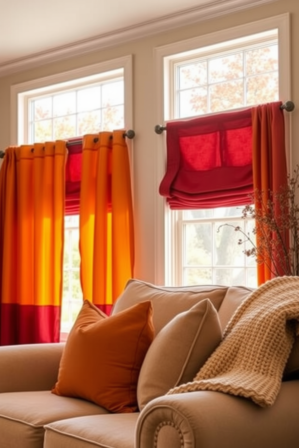 A cozy living room adorned with autumn colored curtains that gently frame the windows. The rich hues of orange, yellow, and deep red create a warm and inviting atmosphere perfect for the fall season. A plush sofa is accented with throw pillows in complementary shades, enhancing the seasonal theme. A soft knit blanket drapes over the armrest, inviting relaxation and comfort in this beautifully decorated space.