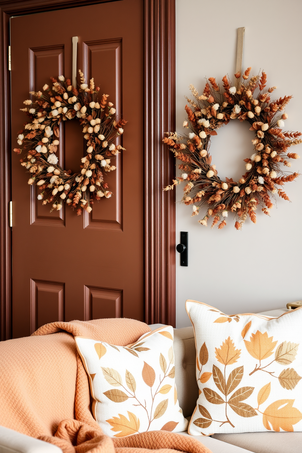 Wreaths made of dried flowers are elegantly hung on the front doors, bringing a touch of nature indoors. The warm tones of the dried blooms complement the cozy autumn atmosphere of the apartment. Inside the apartment, soft throw blankets in earthy colors are draped over the couch, enhancing the seasonal feel. Decorative pillows with leaf patterns add a playful yet sophisticated element to the living space.