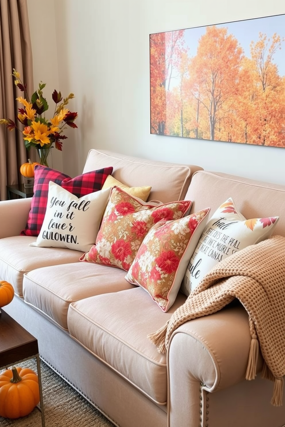 Seasonal pillows adorned with warm autumn colors and inspirational quotes create a cozy atmosphere in a stylish living room. The pillows feature a mix of plaid, floral, and geometric patterns, perfectly complementing the rich hues of fall foliage. A beautifully arranged seating area showcases a plush sofa with an assortment of these decorative pillows. Surrounding the space are subtle touches of fall decor, such as small pumpkins and a woven throw blanket draped over the armrest.