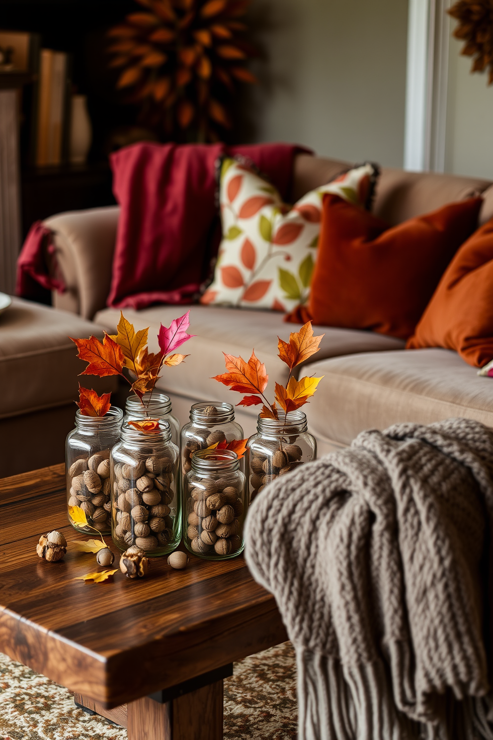 A cozy living room adorned with glass jars filled with acorns and colorful leaves. The jars are arranged on a rustic wooden coffee table, creating a warm and inviting atmosphere for fall. Soft throw blankets in rich autumn colors drape over the arm of a plush sofa. A few decorative pillows with leaf patterns add a touch of seasonal charm to the space.