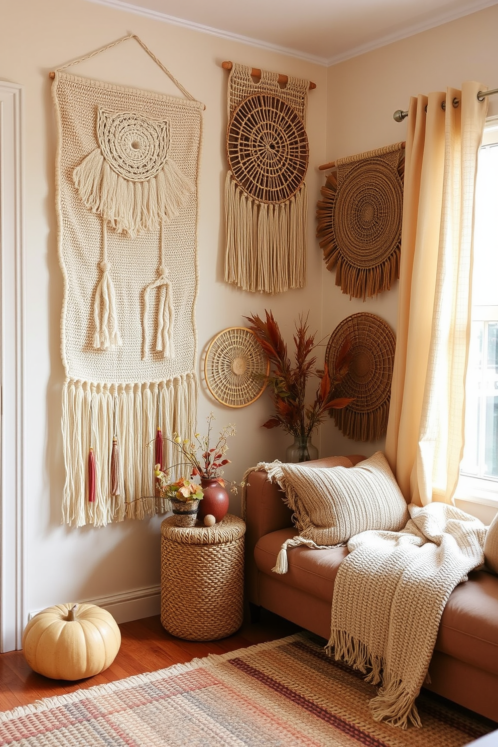 Textured wall hangings create a warm and inviting atmosphere in a fall-themed apartment. Incorporate woven fabrics and natural materials to enhance the seasonal charm and add depth to your decor.